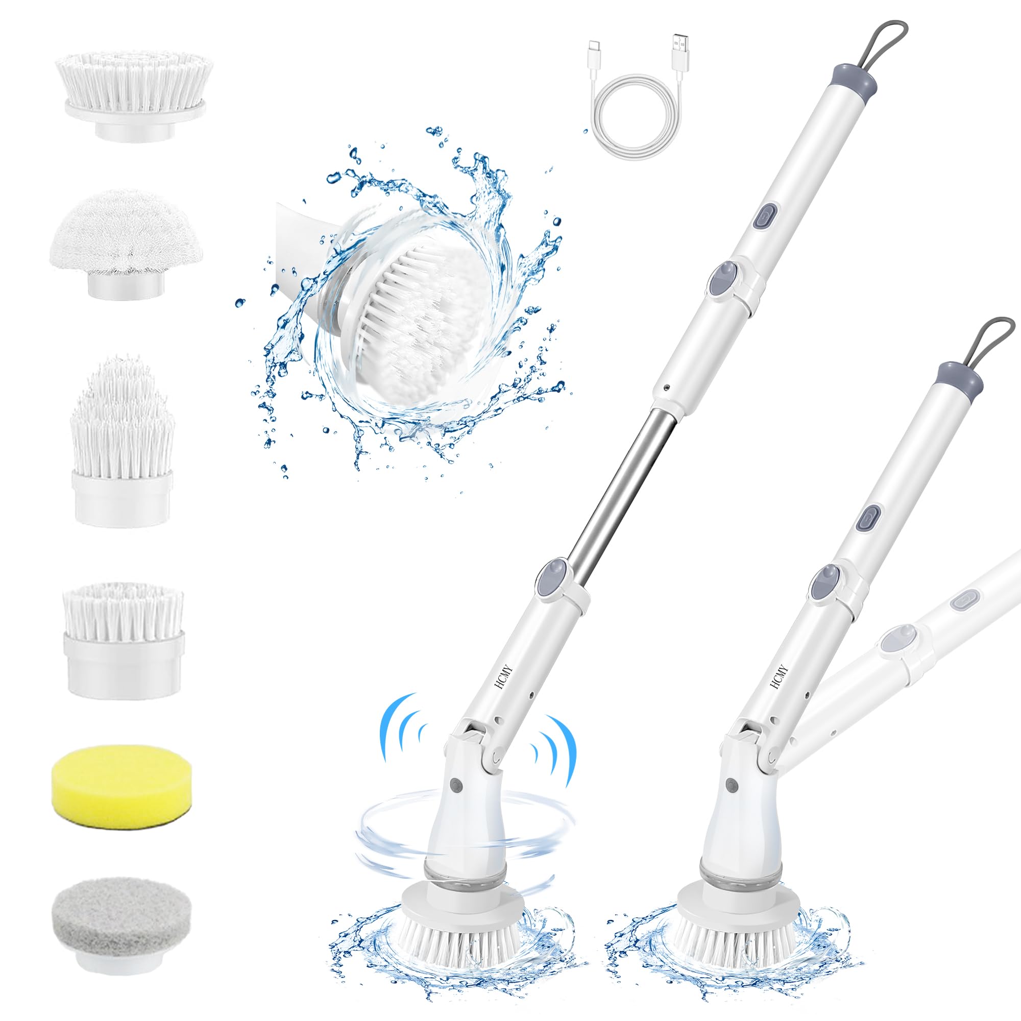 HCMYElectric Spin Scrubber Dual Speed Cordless with 6 Replaceable Brush Heads and Adjustable Extension Handle 2.2H Power Cleaning Brush Shower Scrubber for Bathroom Kitchen Grout Tile Floor