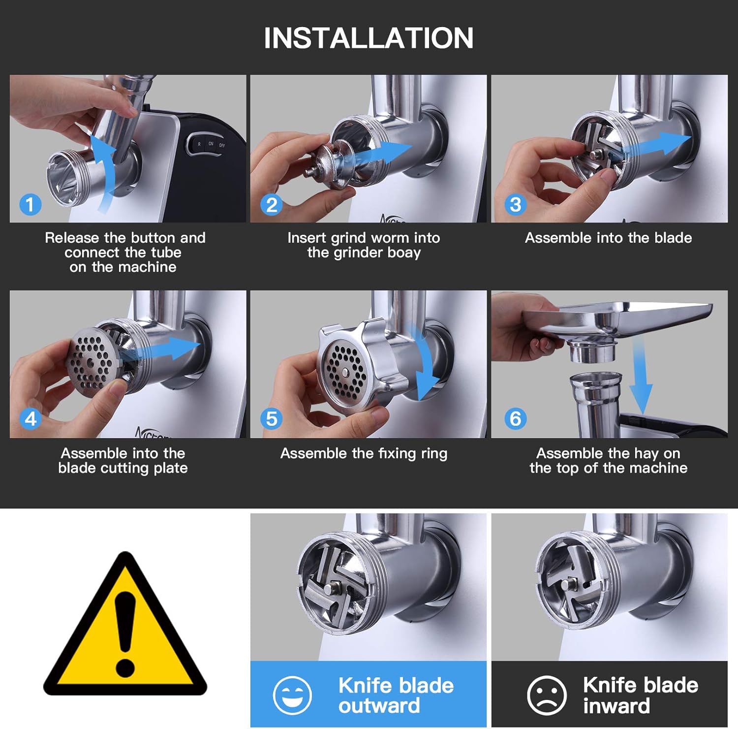 Correct and incorrect orientation for installing the cutting blade.