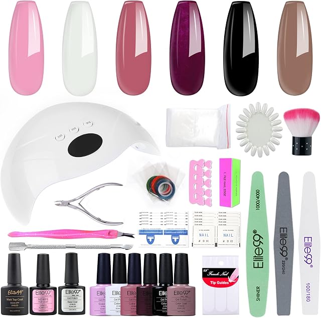 Elite99 Nail Lamp Starter Kit, 6pcs Gel Polish for UV Nail Art Kit 48W UV LED Nail Dryer UV Lamp UV Nail Polish Top Base Coat Manicure Tool Set 01, Black White Pink Colors gel nail polish