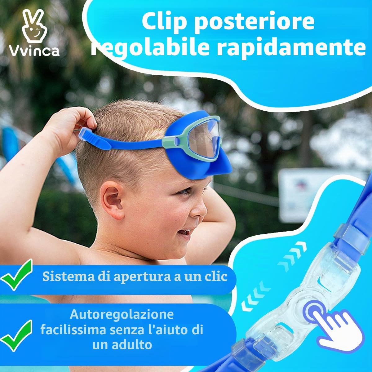Vvinca Set di 2 occhialini da nuoto con protezione per il naso per bambini da 3 a 15 anni | Maschera subacquea grandangolare, impermeabile, anti-appannamento, protezione UV