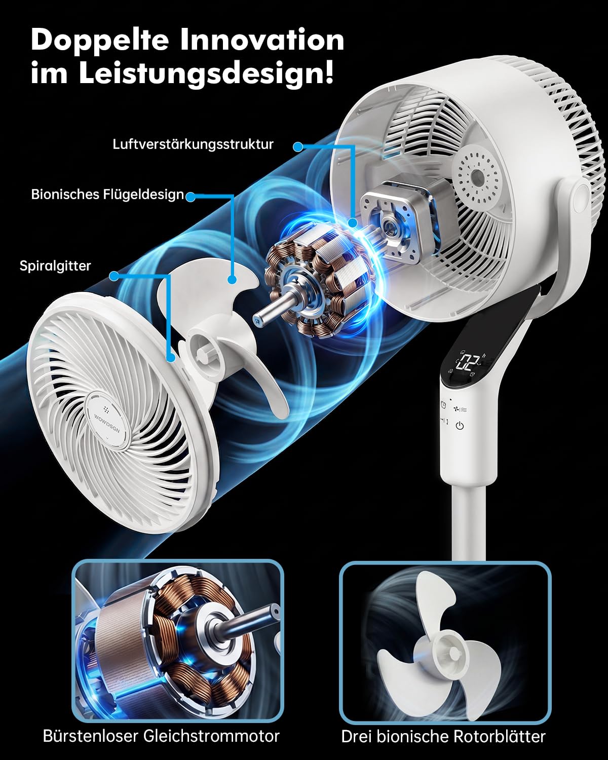 WOWDSGN Standventilator mit Fernbedienung, 22 dB leiser Ventilator für Schlafzimmer & Wohnzimmer, höhenverstellbarer Boden Ventilator mit 3D Oszillation, 8 Windgeschwindigkeiten & 15 St-Timer (Weiß)