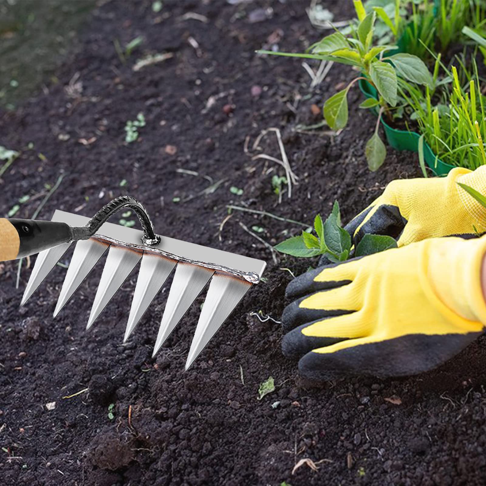 Rastrello Giardino - in Acciaio al Carbonio, Rastrello per Foglie Giardino, per Diserbo/Allentamento/Semina, 6 Denti (senza bastone)