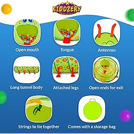 Kiddey Caterpillar Kids Play Tunnel and Tent with 200 Balls 2 Pc. Crawl Through Baby Ball Pit Pop up for Toddler and Babies, Indoor & Outdoor Jungle Gym Party Gift | Crawling Tunnels & Tents