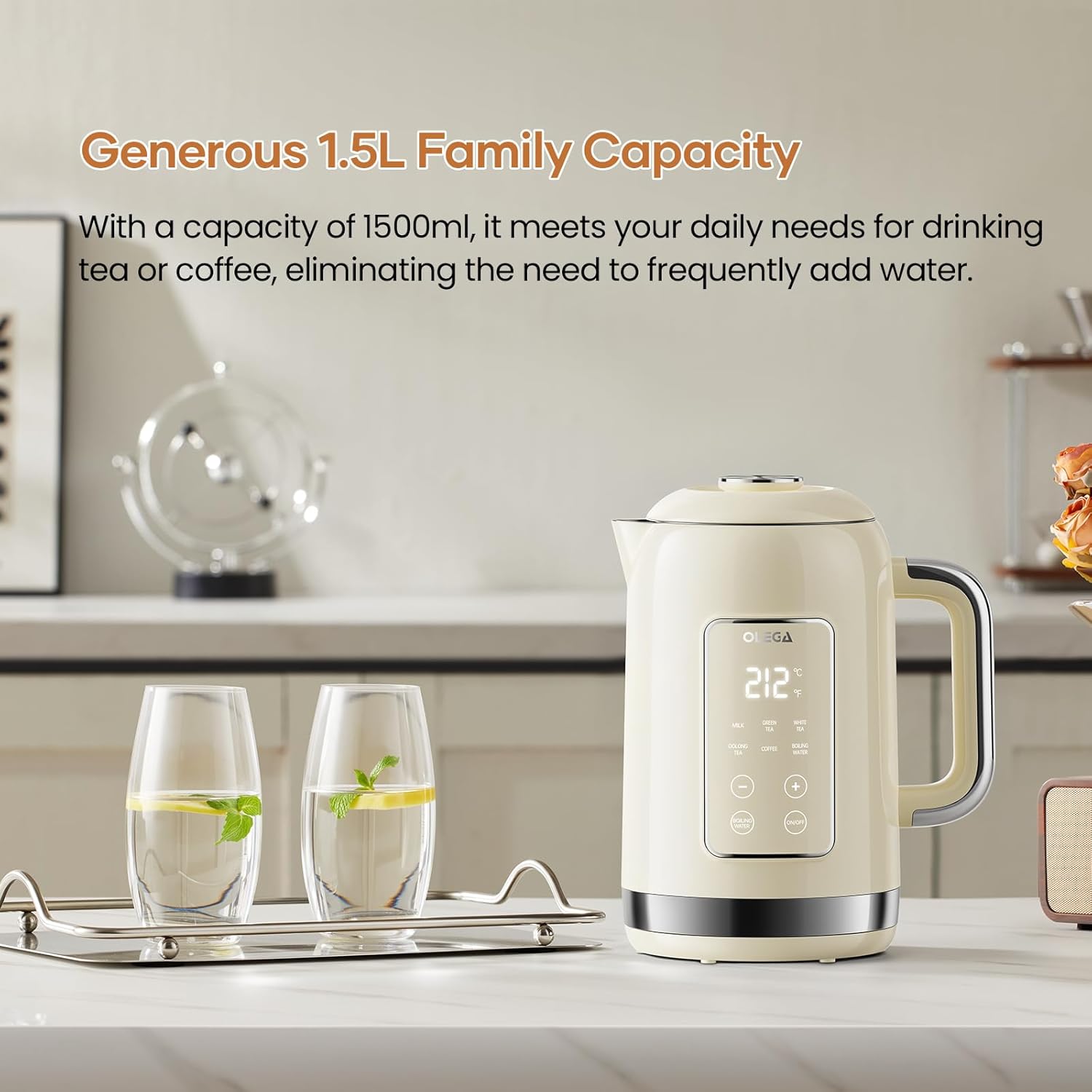 Electric Kettle Temperature Control: OLEGA 1.5L Stainless Steel Smart Kettle Hot Water Boiler, 6 Temp Presets, 1200W Fast Boiling Electric Tea & Coffee Kettle, Electric Kettles Teapot for Home -Beige