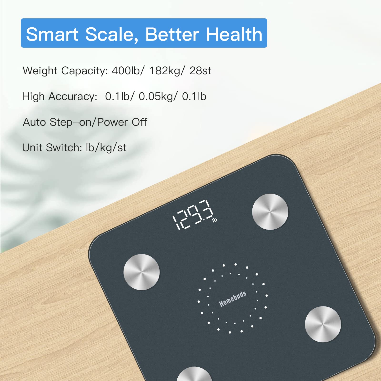 Homebuds Bilancia Pesapersone, Alta Precisione Assicurato Dalla Fabbrica Professionale di Bilancia Pesapersone Digitale dal 2001, App Sync 13 Composizione Corporea, 182kg, LED, Blu