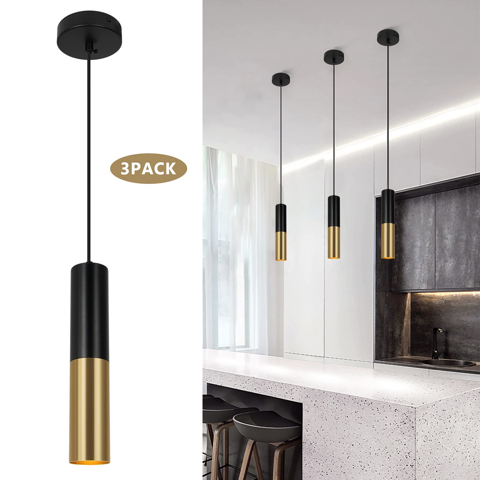 VONCI Modern Black and Brass Gold Pendant Light for Kitchen Island, Industrial Cylinder Hanging Lamp Spotlight for Dining Room Living Room Restaurant Bar (3 Pack)