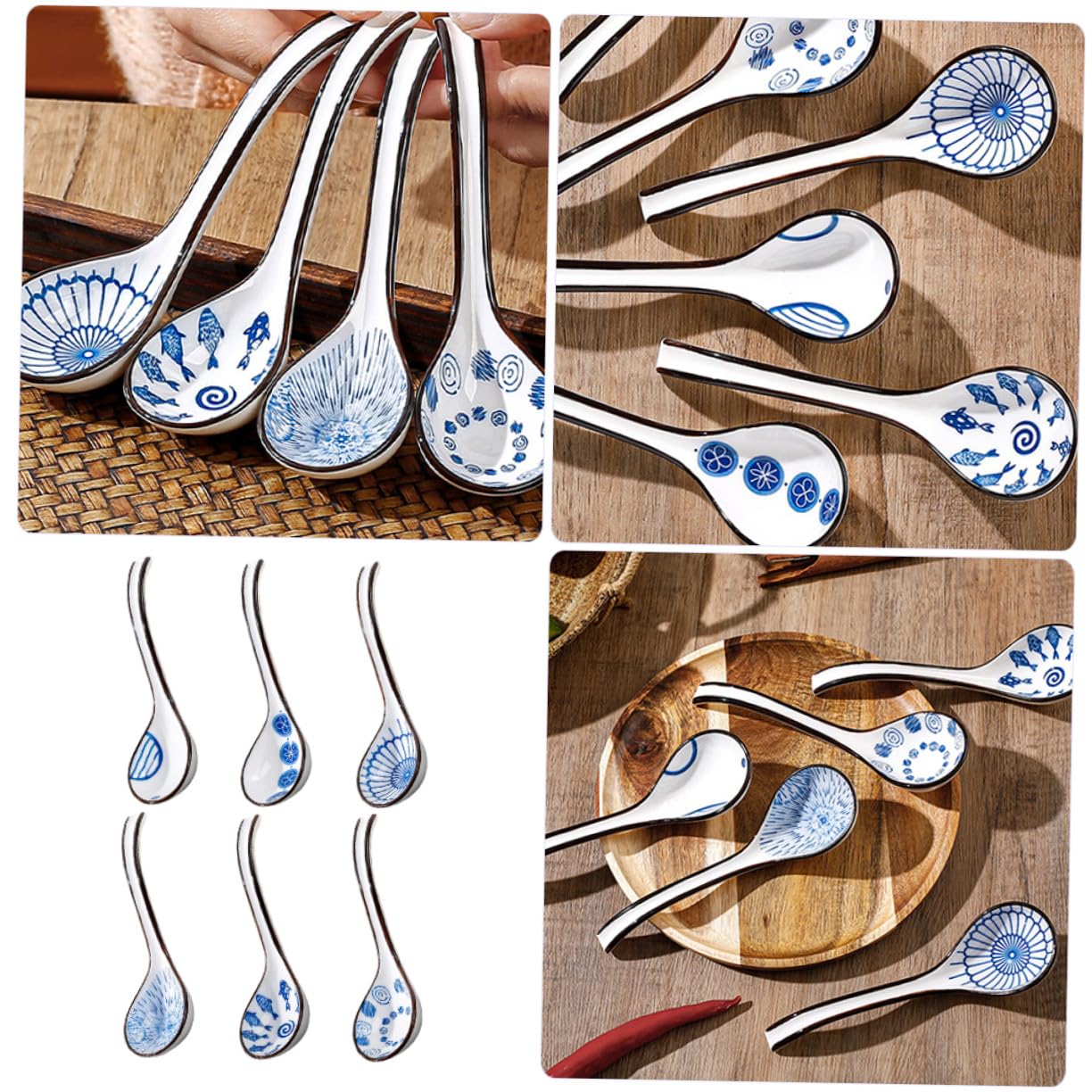 Luxshiny 6stücke Asiatische Suppenlöffel Keramik für Reis Suppe Picknick Reisen Camping Esslöffel Servierlöffel Reislöffel Löffel zum Portionieren