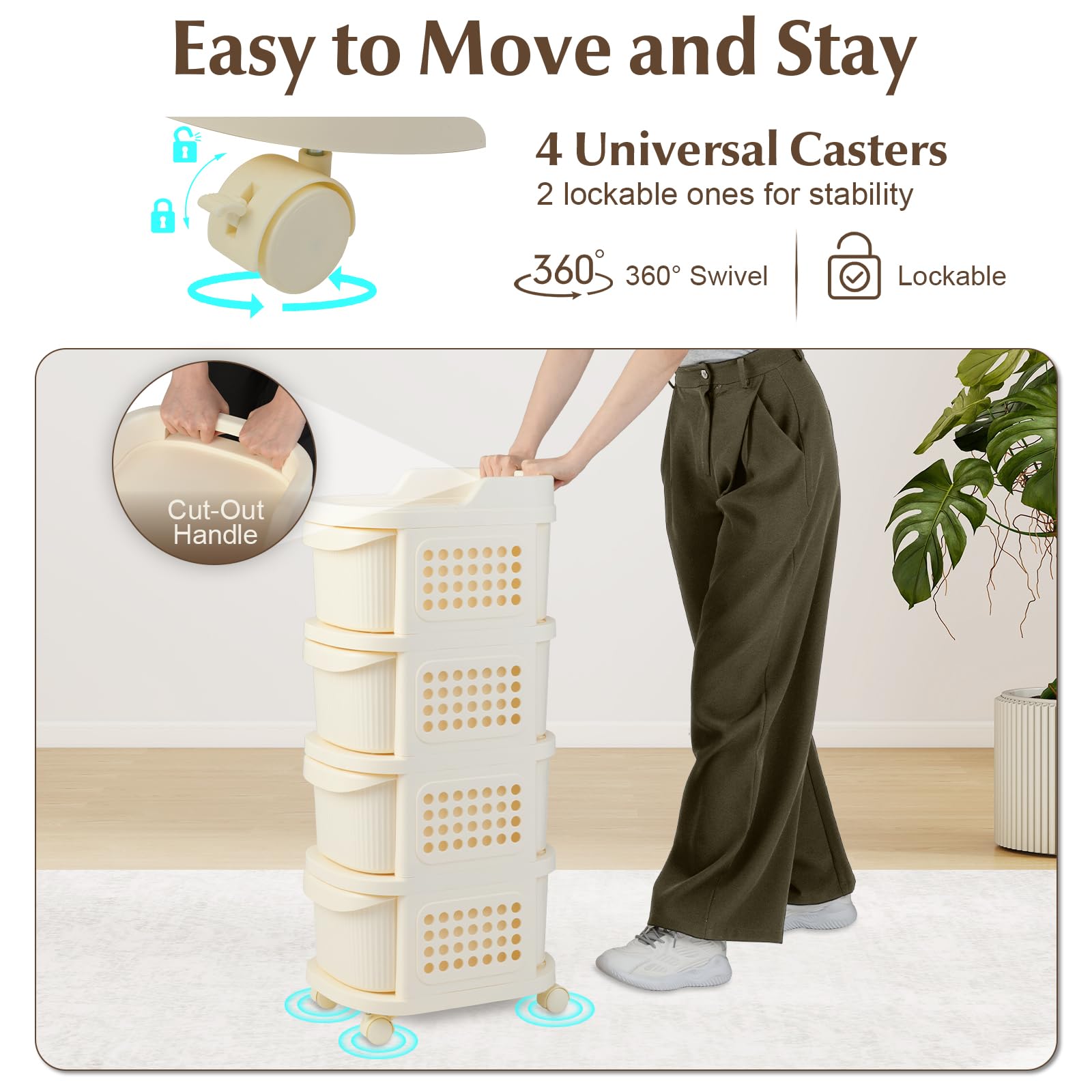 HOMASIS Carrello con 3/4 Cassetti, Pannello Forato, Maniglia e 6 Ganci, Carrello Portaoggetti con Ruote, Organizer Multiuso, Cassettiera Plastica da Cucina, Bagno, Ufficio, Beige (38 x 32 x 86 cm)