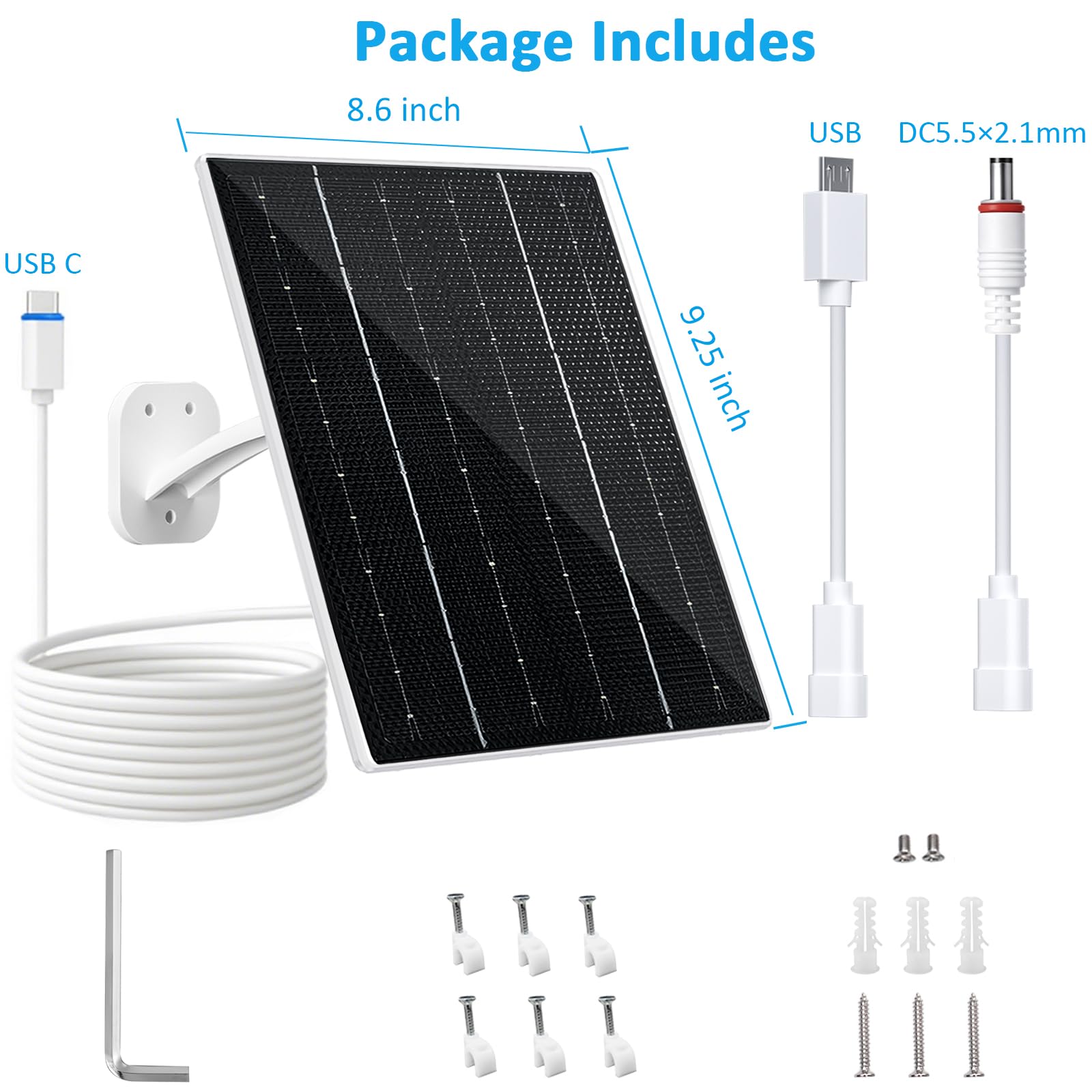FUTUREZEN Panel solar de 8 W para cámara de seguridad, cargador solar con USB-C, micro USB y puerto CC de 5,5 x 2,1 mm, compatible con cámara de batería recargable de 5 V CC, impermeable IP66, montaje