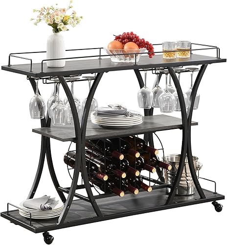 Miniatura 1 de Carritos de bar, carritos de servicio de bar, Carros de servicio a domicilio con ruedas bloqueables y estantes de vino para el hogar, sala de estar,