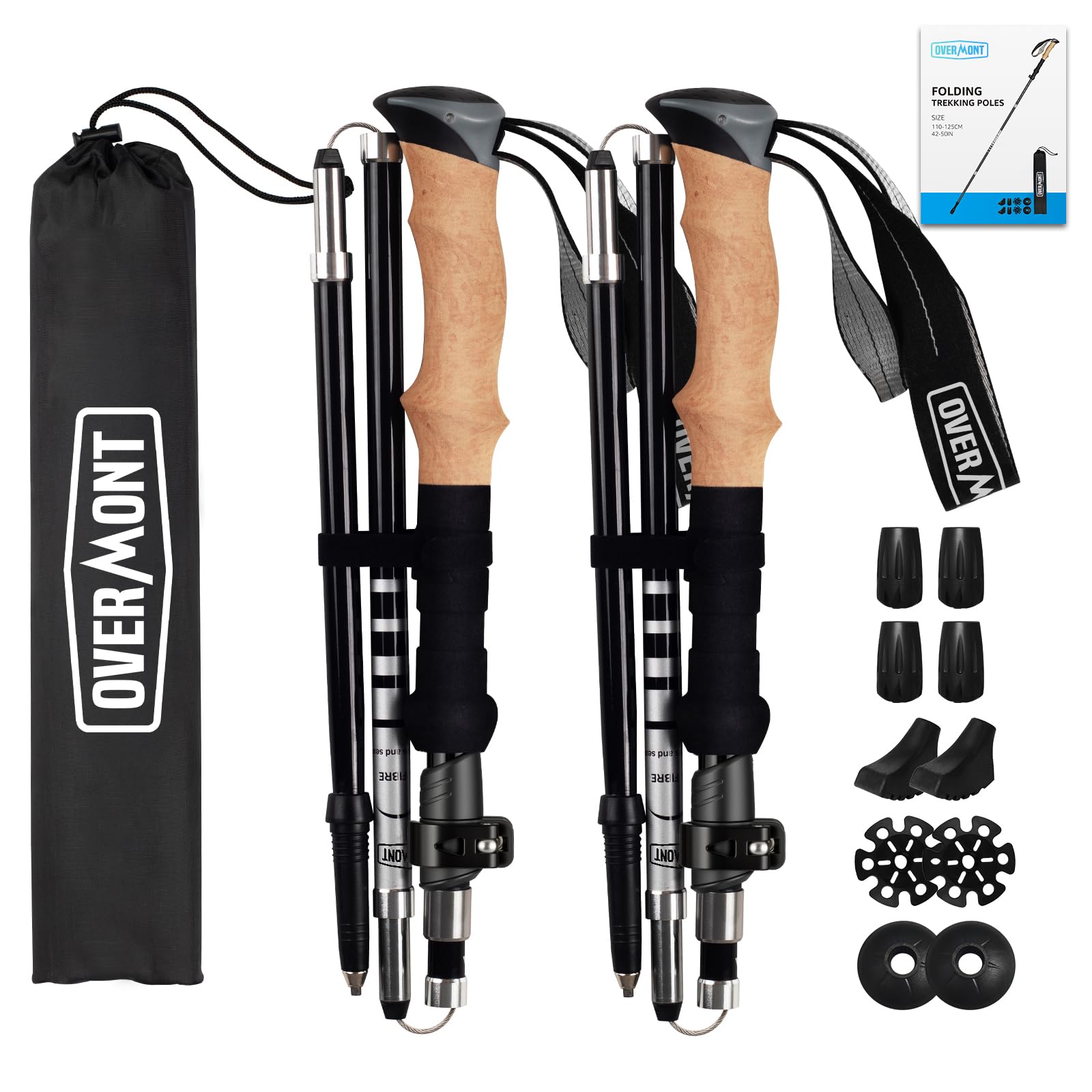Overmont Wanderstöcke Carbon, 7075 Aluminium Ultraleicht faltbar verstellbar 105-125CM Trekkingstöcke Nordic Walking Stöcke 1 Paar mit All Terrain Zubehör