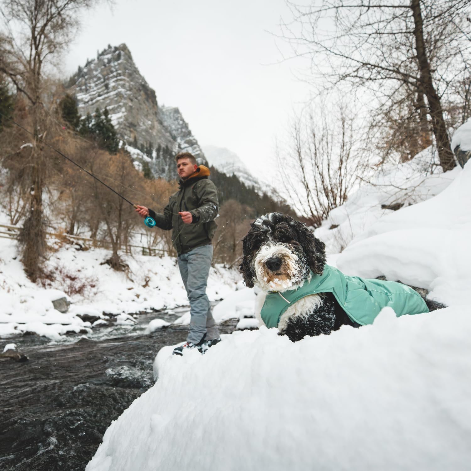Ruffwear, Quinzee Dog Winter Jacket, Insulated Packable Puffer Vest with Leash Portal, Reflective Trim & Weather‑Resistant Shell, Adjustable Fit Coat, Harness Compatible, River Rock Green, X-Large