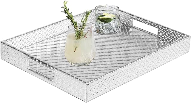 HofferRuffer Rectangle Serving Tray with Hole Handles for Coffee Table, Breakfast, Tea, Food, Butler - Countertop, Kitchen, Vanity Serve Tray, 16.2 x 12.2 x 2 inches, Faux Leather Tray (Silver)