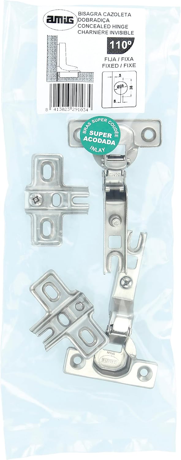 Amig - Hinge - Bowl Type - Super Bent and Fixed - Ø 26 mm - 2 Units - Maximum Strength and Duration - 110º Opening - Concealed Fixing for Furniture and Cabinet Doors - Silver Steel