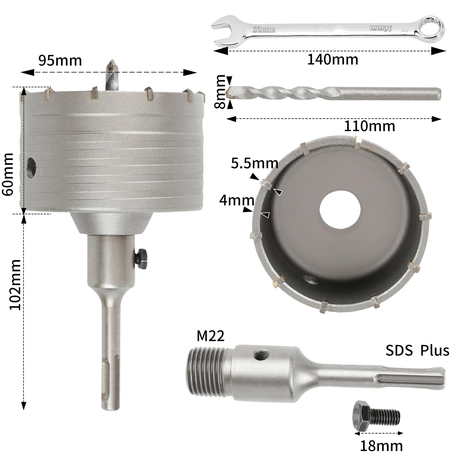SUQIN Concrete Hole Saw diameter 95mm Concrete Core Drill Bit With 110mm SDS Plus Adapter And Center Drill 8x110mm,Wall Hole Cutter For Brick Concrete Walls Air Conditioning Openings - Image 2