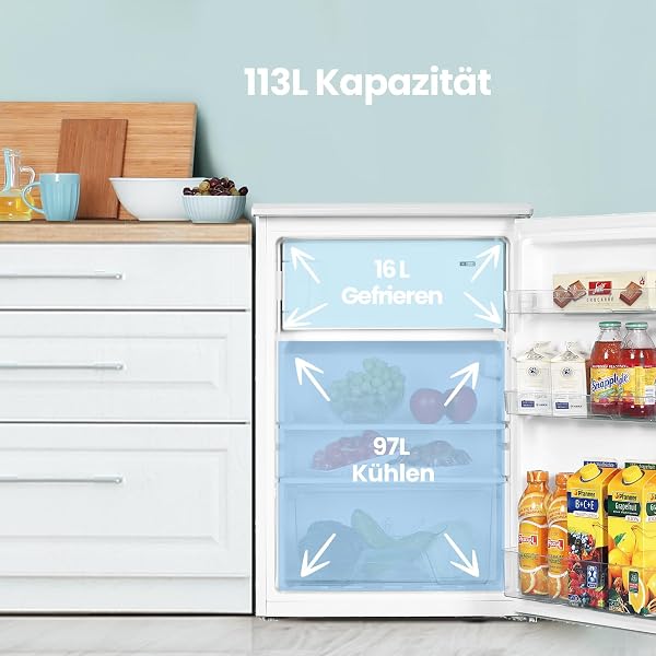 Comfee RCD113WH3EU(E) 113L Kühl-Gefrierkombination,113L Kleinkühlschrank mit 4-Sterne-Gefrierfach, 16L Gefrierfach -18℃-8℃,35dB, Inverter-Kompressor,Weiß - 2