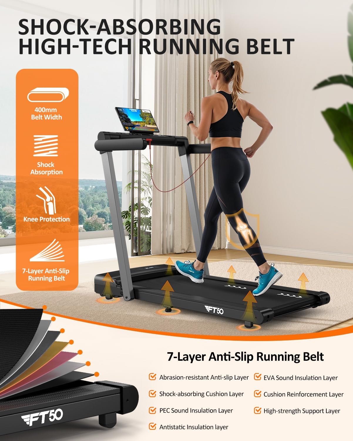 Diagram showing the 7-layer anti-slip running belt and shock absorption features of the FYSIQ FT50 Treadmill.