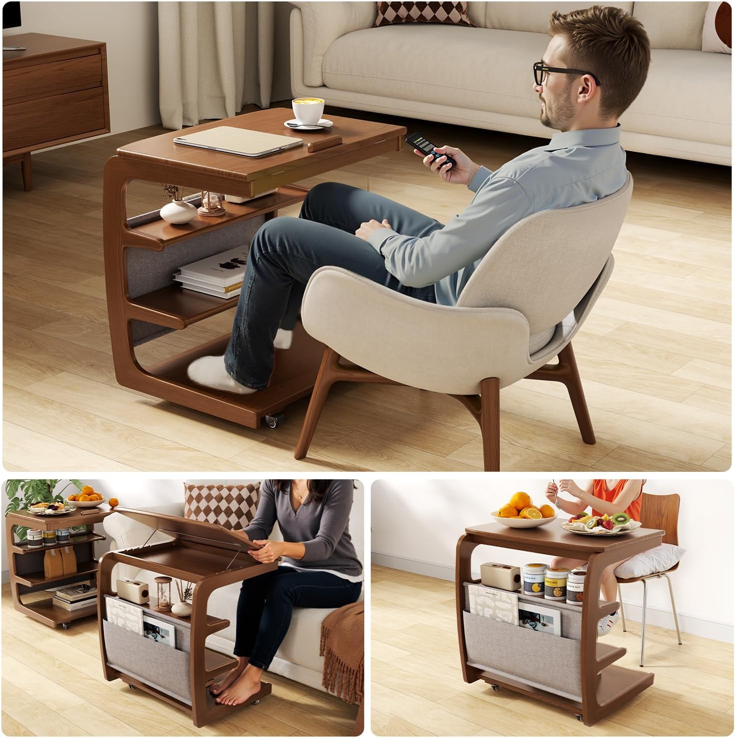 AQIMUELE C Shaped Side Table with Wheels, Rolling Side Table with Storage