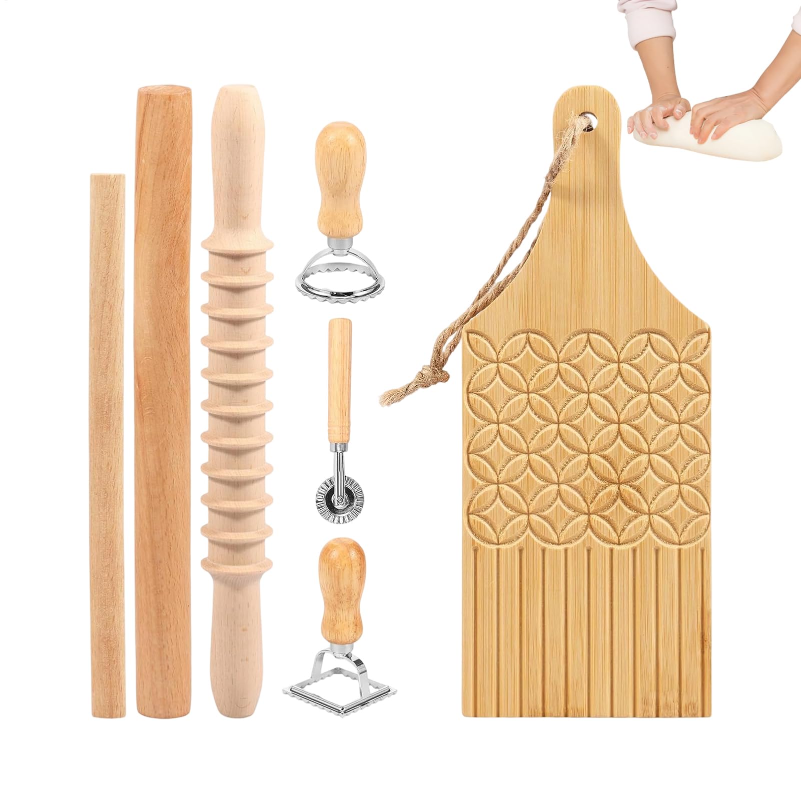 Kit per la preparazione della pasta, 7 strumenti per la preparazione della pasta, timbri manuali in legno per uso alimentare, per gnocchi, pasta, pasticceria, cucina, casa, ristorante, uso commerciale