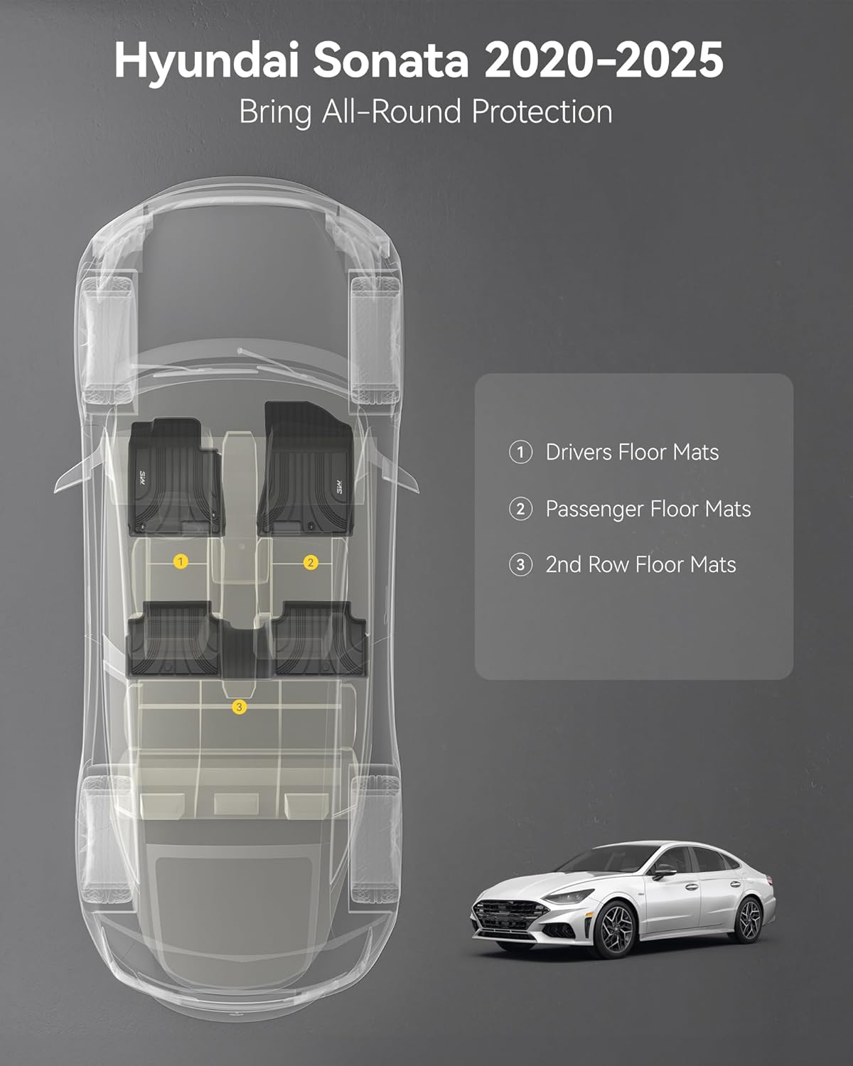 3W Floor Mats Fit Hyundai Sonata 2020-2025 (NOT for Hybrid)/Kia K5 2021-2025(Only for FWD Models) All Weather TPE Custom Fit Heavy Duty Waterproof Floor Liner Car Mats for 1st and 2nd Rows, Black