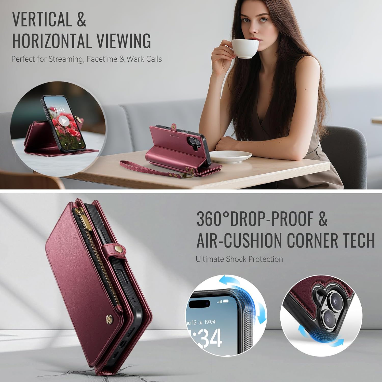 Defencase for iPhone 17 Magnetic Wallet Case Compatible with Magsafe with RFID Blocking Zipper Pocket & Card Holder for Women Men PU Leather Strap Detachable Case for iPhone 17 (6.3 inch), Wine Red