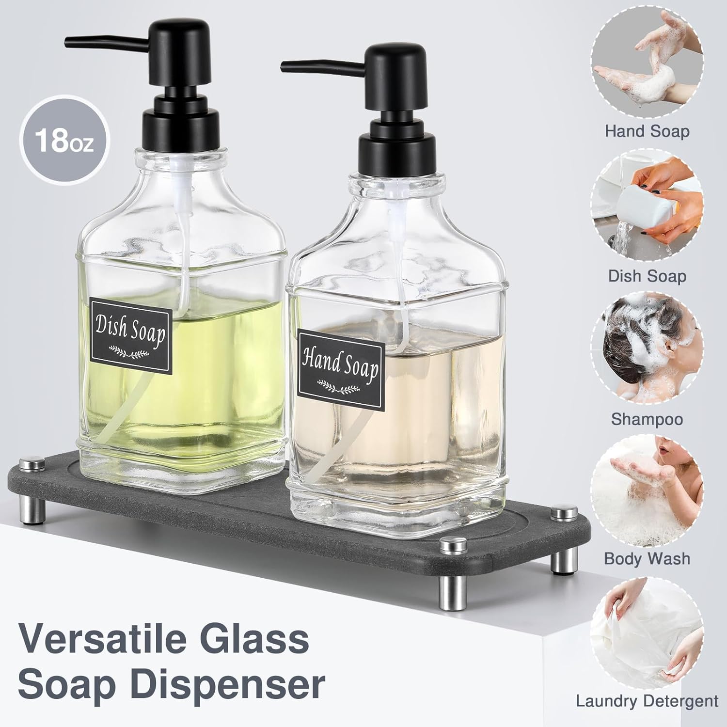 Shinowa Kitchen Soap Dispenser Set, Soap Dispenser for Kitchen Sink with Water Absorbing Stone Tray, 2 Pack 18OZ Thick Glass Hand and Dish Soap Dispenser with Pump, Stylish Bathroom Decor Accessories - Image 6