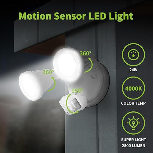 Miniatura 2 de Luces exteriores con sensor de movimiento de 2500 lúmenes, luz de inundación al aire libre con doble cabeza, 5000 K, todo el material de aluminio,