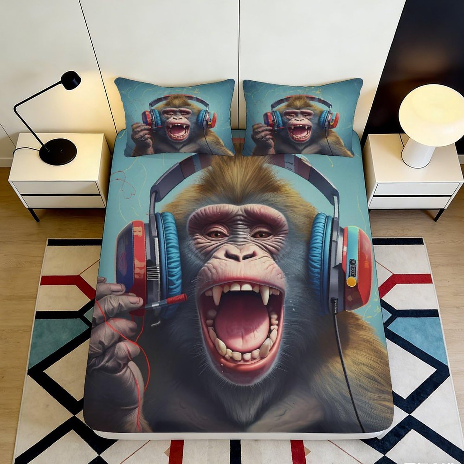 3D Printed Gorilla Headphones Fitted Sheet Microfiber Soft Durable Monkey Design Mattress Cover for Bedroom Dormitory Guest Room Protection Decoration 180x200x25cm