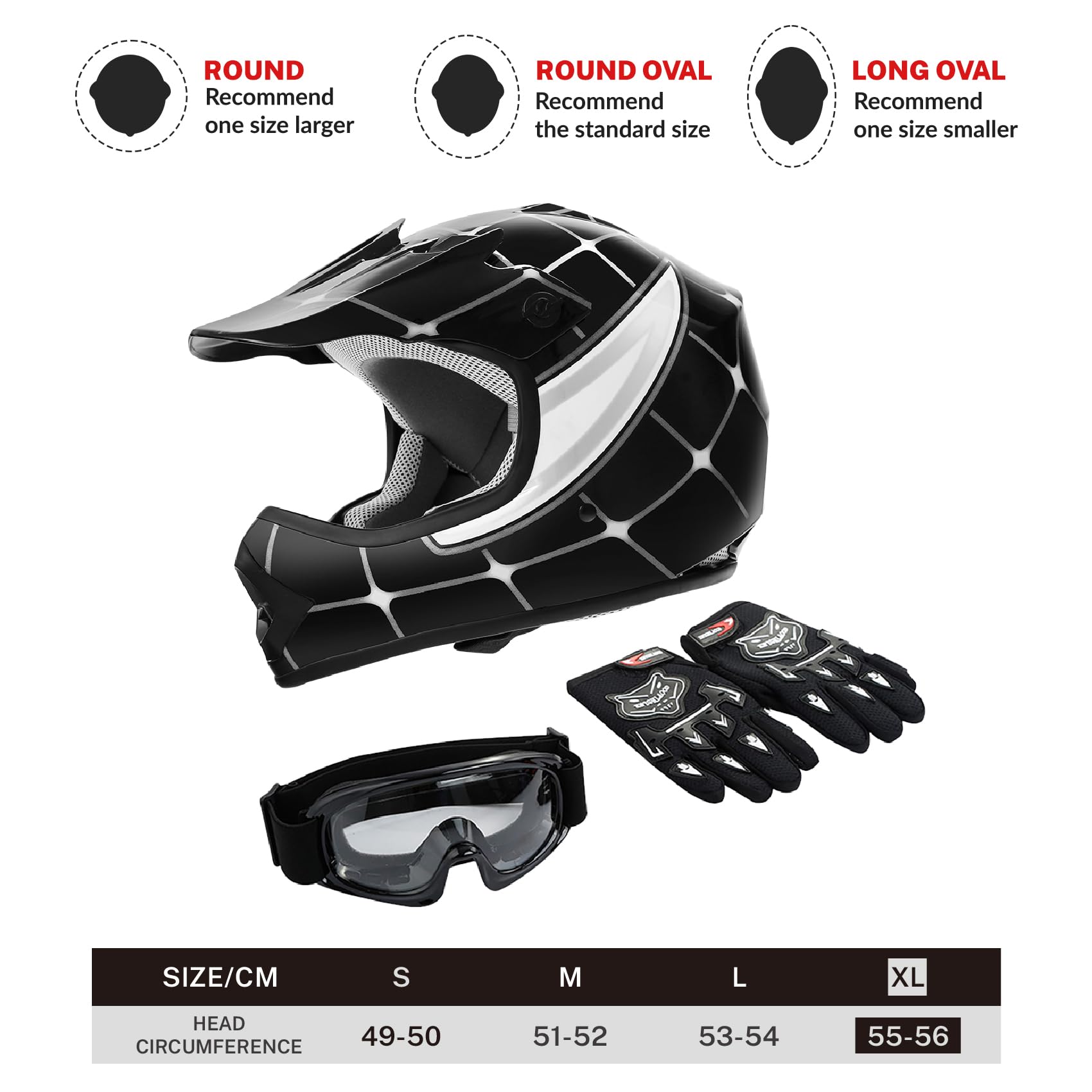 DOT Youth Helmet+Goggles & Gloves Motocross Net Street Dirt Bike ATV Helmet Gloves Googles (Kids Black Spider, XL)