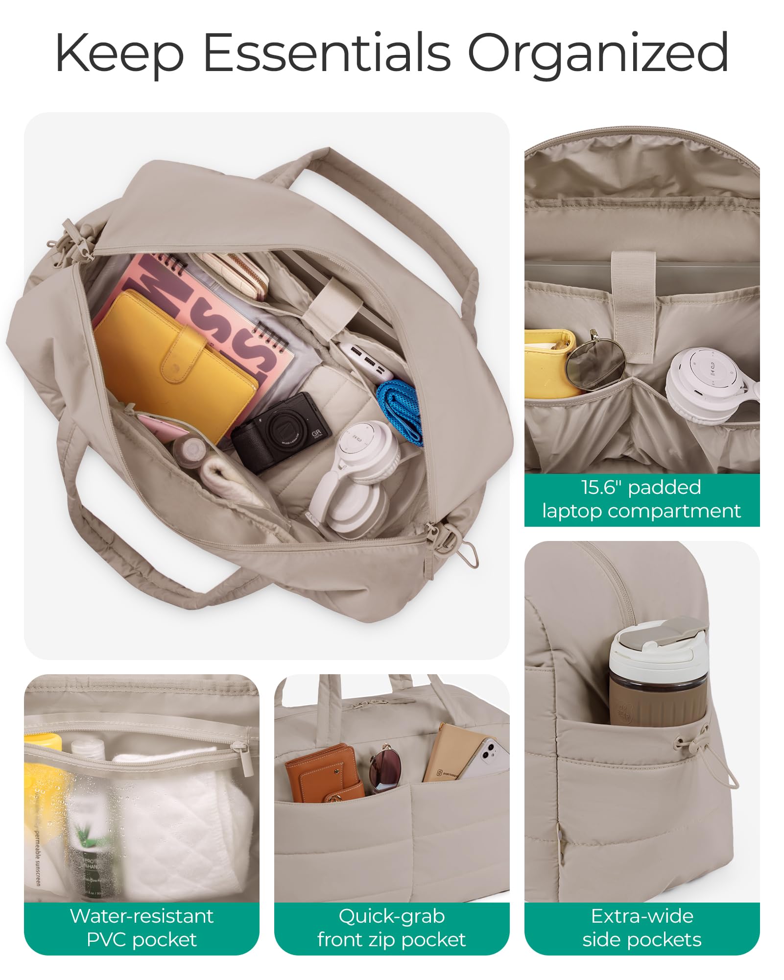 bagsmart Reisetasche Sporttasche Damen, 31L Wasserabweisend Puffer Wickeltasche Handgepäck Tasche Weekender Bag Gesteppt mit Kosmetiktasche, Kliniktasche Geburt für Gym, Fitness, Arbeit, Kamel