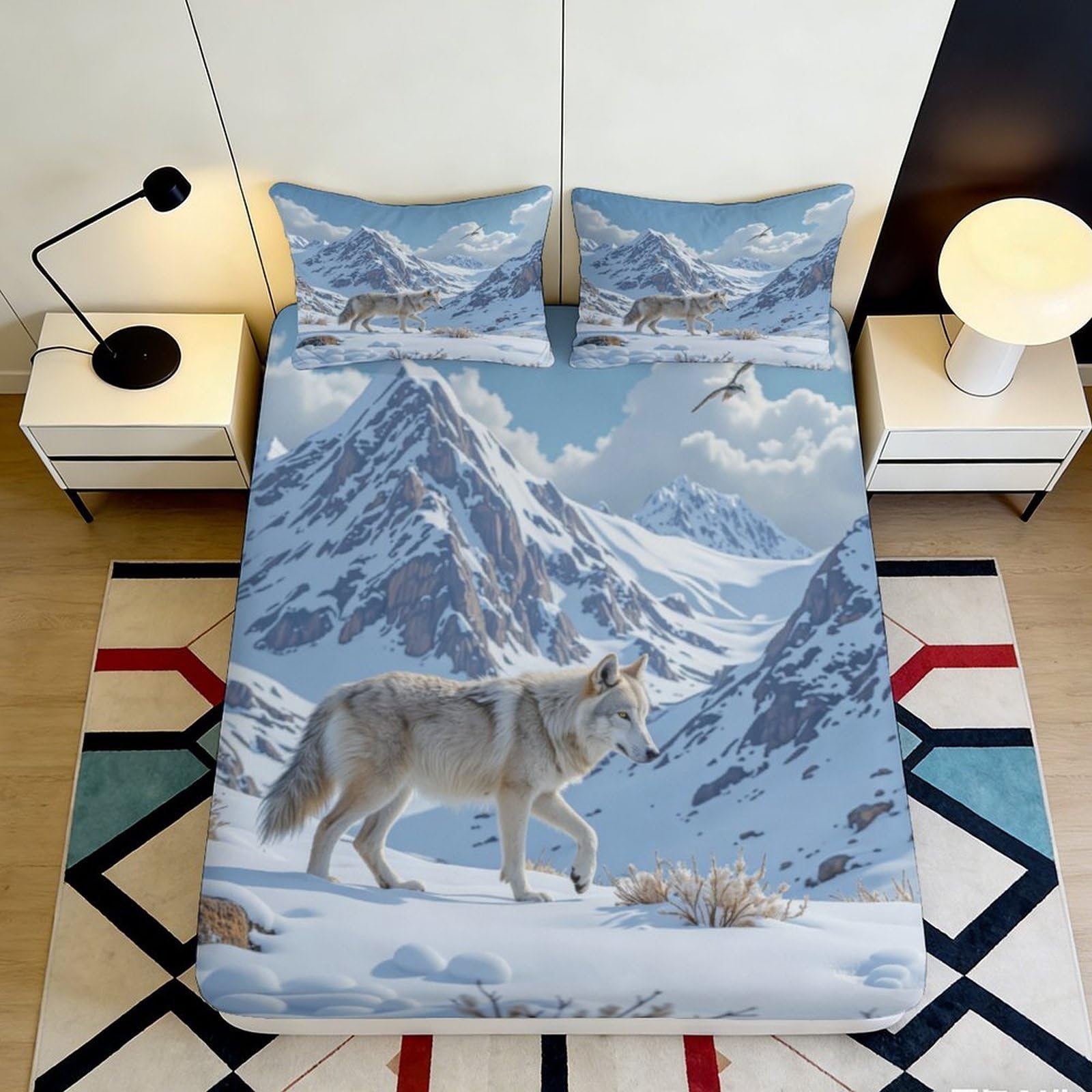 Pnayamiorkfel Style-8 3D Printed Snow Mountain Wolf Fitted Sheet Microfiber Soft Anti-Slip Bed Cover For Bedroom Guest Room Mattress Decor 90X200x25cm