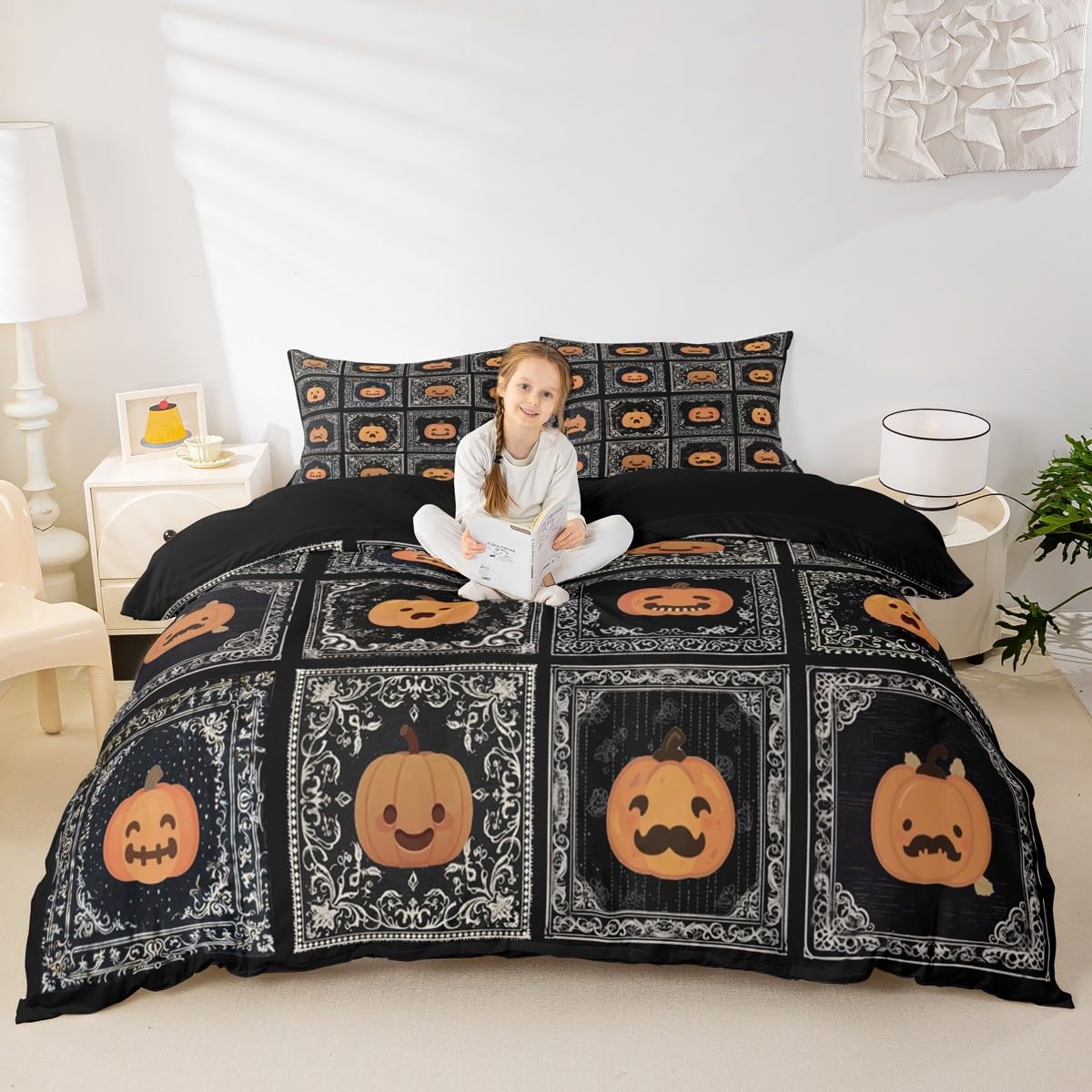 Halloween Pumpink Bedding Set Double Size,Watercolor Cartoon Pumpinks Duvet Cover 3pcs for Kids Boys Men Youth,Farmhouse Gothic Floral Comforter Cover,Boho Style Quilt Cover,Not Comforter