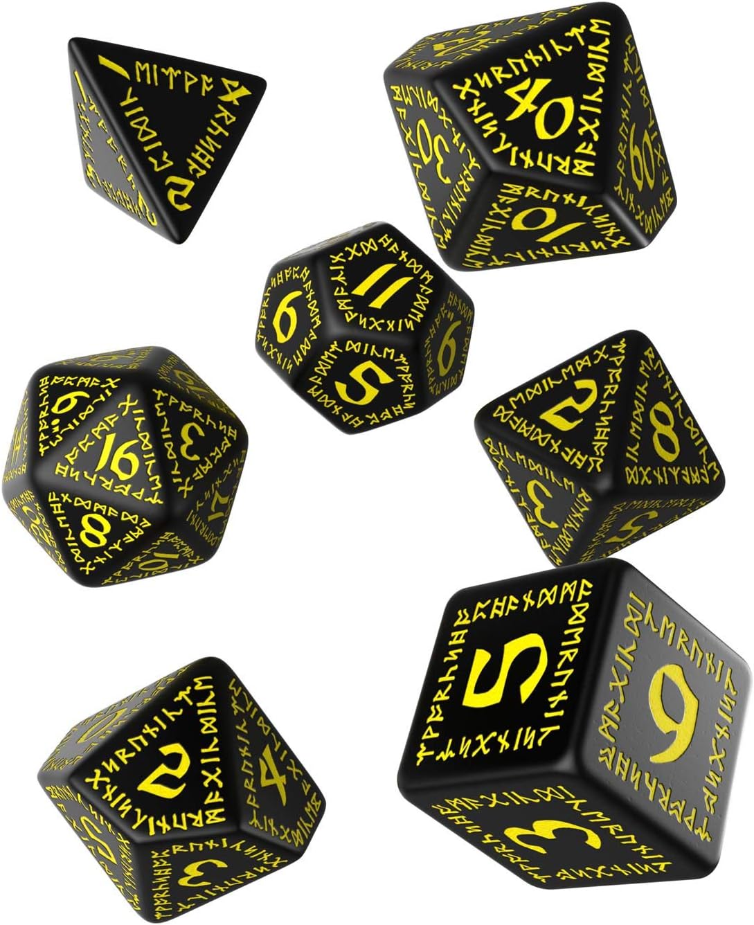 Q-Workshop Dragon Black & Yellow RPG Ornamented Dice Set 7 Polyhedral Pieces,QWORUN07