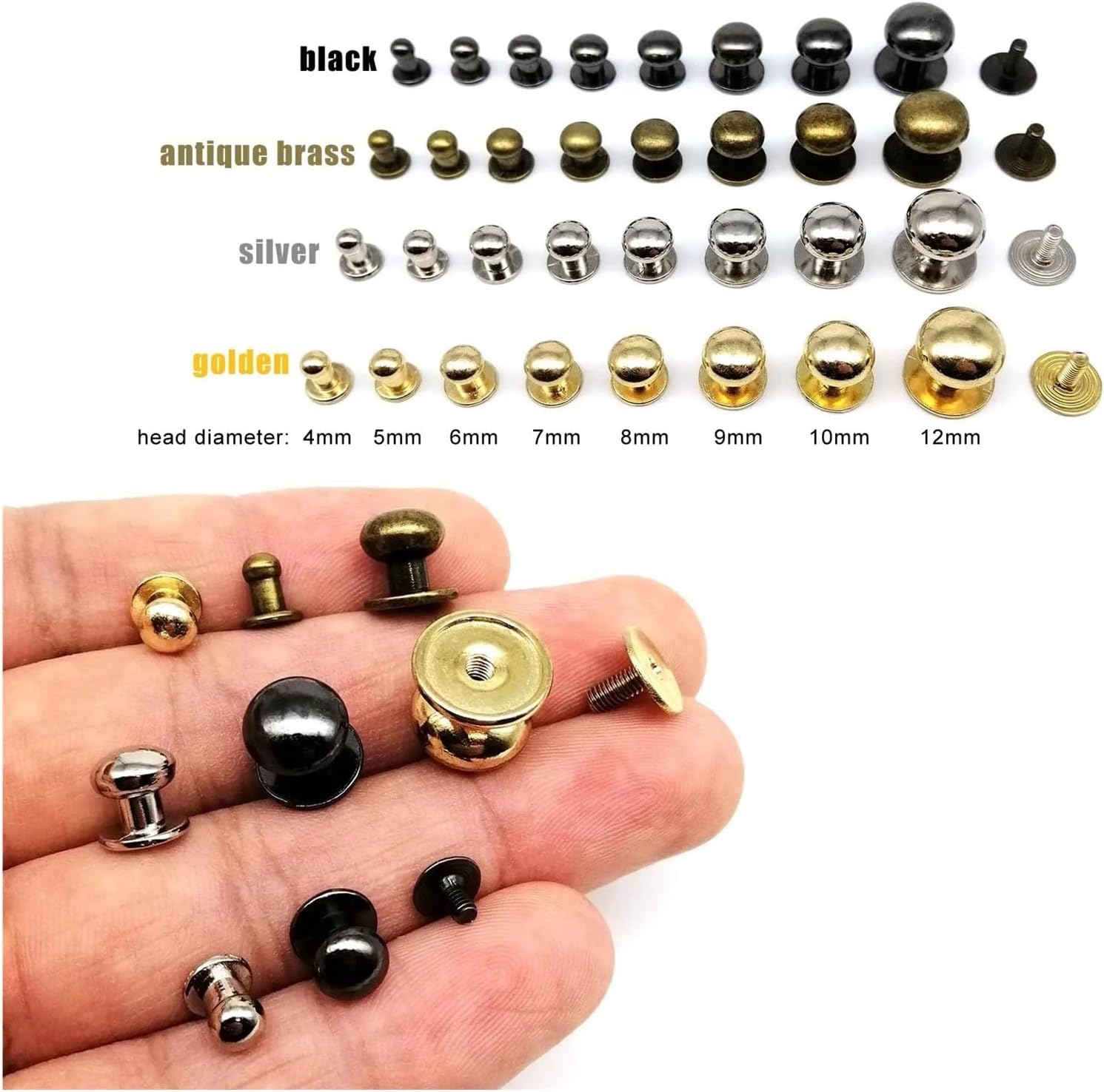 10pcs Zinc-Alloy Metal Round Ball Head Leather Craft Bag Purse Belt Screw Back Nail Rivet Screwback Nipple Stud(Silver,Head Diameter 12mm)