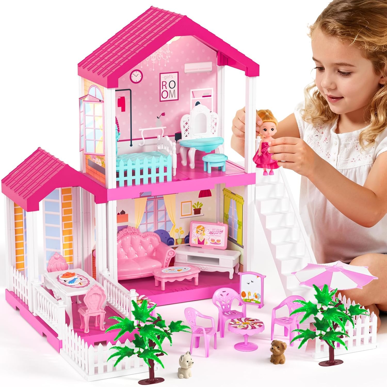 2 Piso Casa de Muñecas para Niñas con Muebles Casita de Muñecas DIY Juguetes Casa de Ensueño Miniatura Perros,Dormitorio,Comedor,Casa de Princesa de Regalo Juguete para Niños 3 4 5 6 Años