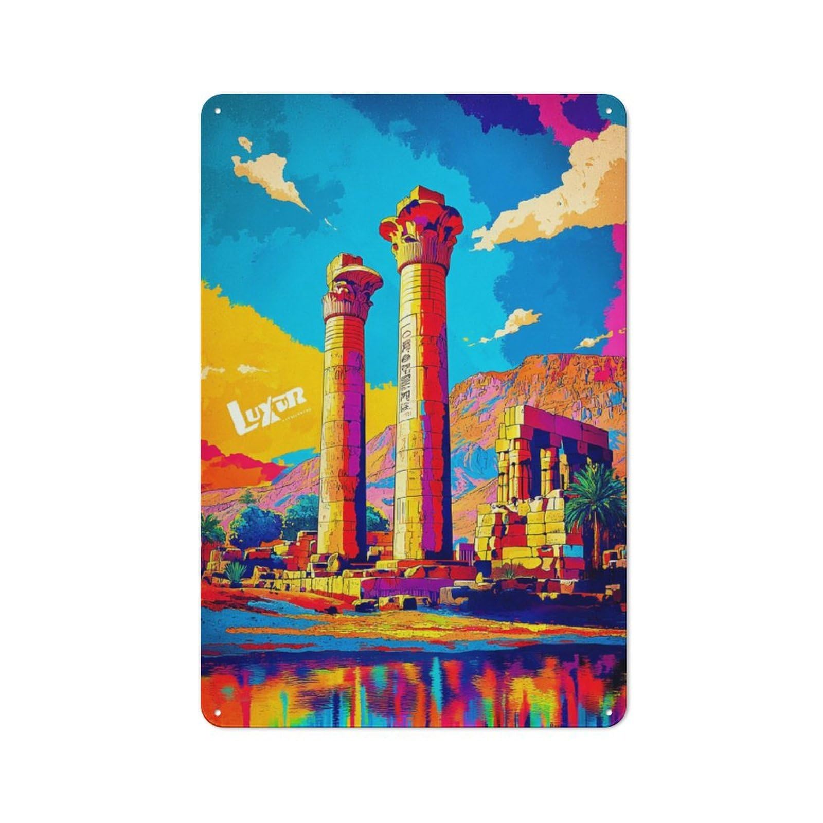 Junmoney Colorful Egyptian Ruins Reflection Metal Wall Sign 30X20cm Featuring For Café Or Restaurant, A Decorative Metal Sign For Cafés And Restaurants
