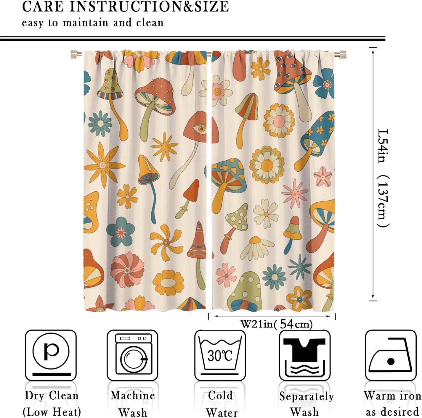 70s Mushroom Curtains, Retro 60s Groovy Mushroom Boho Hippie Flowers Print Thermal Insulation Blackout Window Treatments for Kids Bedroom Living Room 42x54 Inch