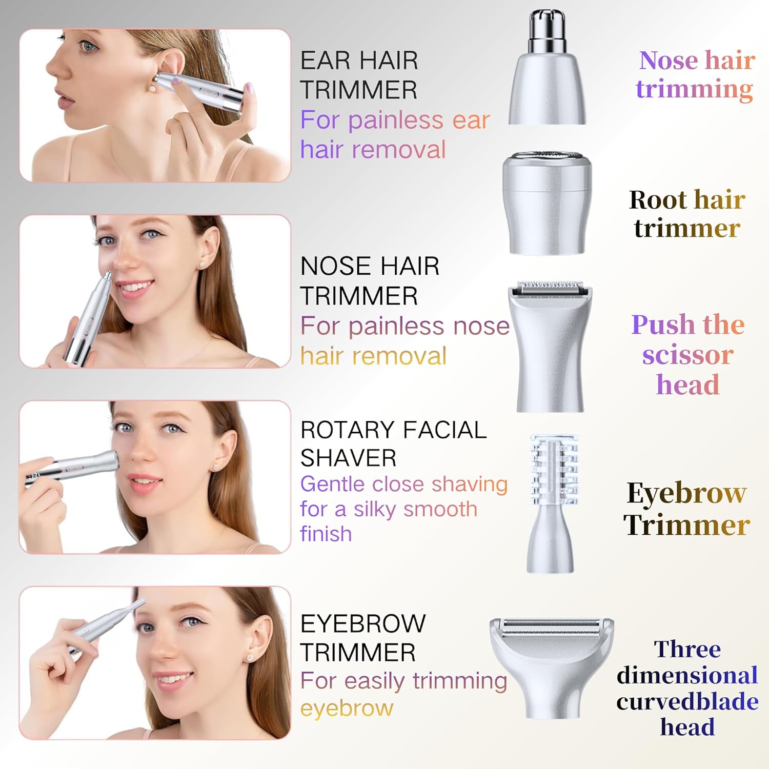 5-in-1 Rechargeable Nose & Ear Hair Trimmer - IPX7 Waterproof Dual Edge Grooming Kit for Men & Women, Perfect for Hair Removal of Nose, Eyebrows, Beard, Bikini, and Facial Hair (White)