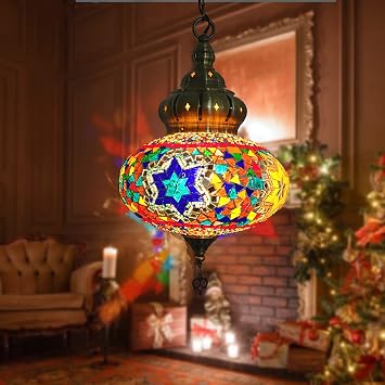 BOTOWI 12 Colors Hanging Ceiling Mosaic Lamp Light Chandelier, Turkish Moroccan Pendant Lights, Multicolor Decorative Colorful Glass Globe Fixtures Living Room Bedroom Home Decor,color C