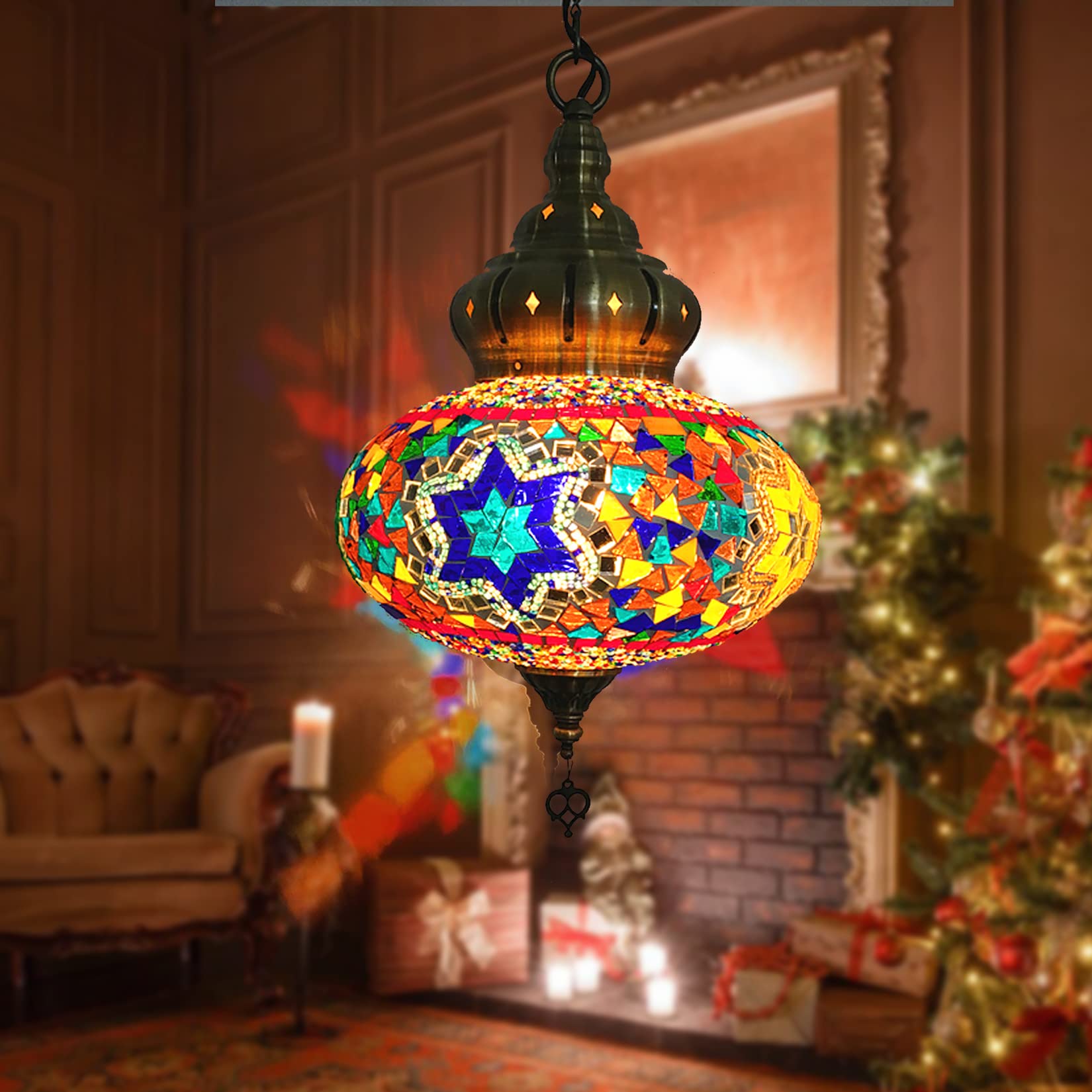 BOTOWI (12 Colors) Hanging Ceiling Mosaic Lamp Light Chandelier, Turkish Moroccan Pendant Lights, Multicolor Decorative Colorful Glass Globe Fixtures Living Room Bedroom Home Decor,color C