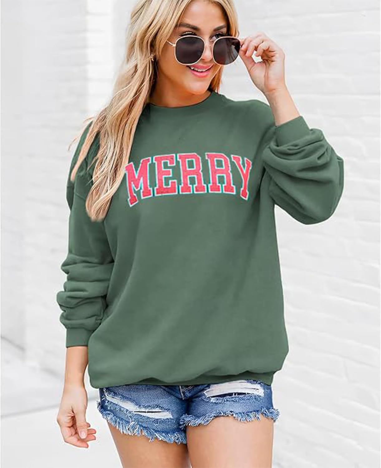 Merry Sweatshirts Women Christmas Merry Letter Print Long Sleeve Shirt Xmas Holiday Pullover Blouse - Image 2