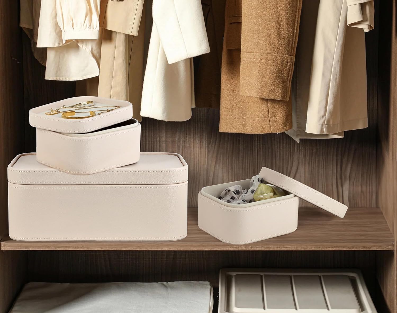 HofferRuffer Faux Leather Decorative Storage Boxes, Dust proof Storage Shelf Baskets with Lids Trays, Storage Bins Memory Box Organizer for Home, Office, Jewelry & More, Set of 3 (CreamWhite)