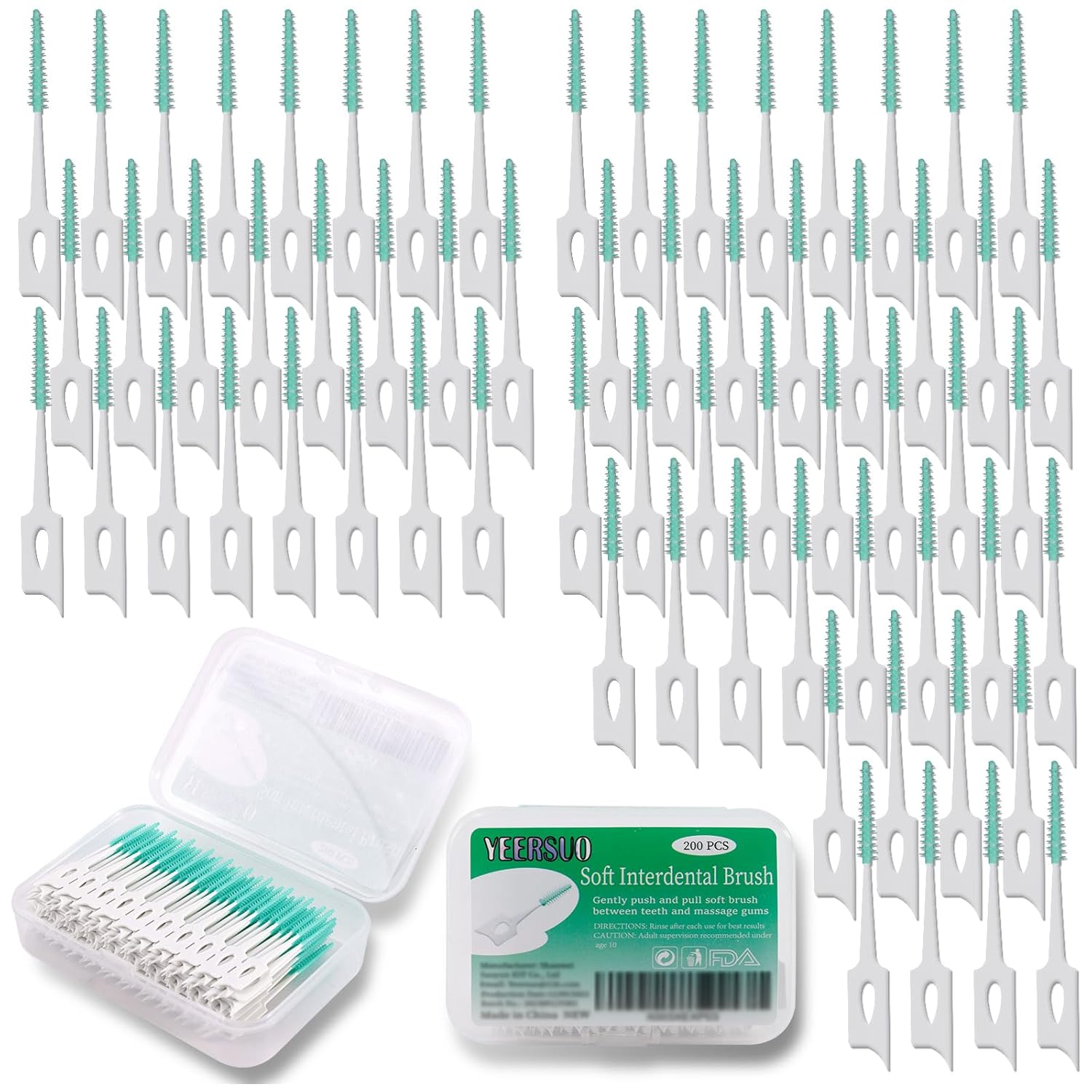 200 PCS Escovas Interdentais Macias com Estojo, Palitos de Dente para Limpeza e Higiene Oral, Ferramenta de Escovação, Cor Verde