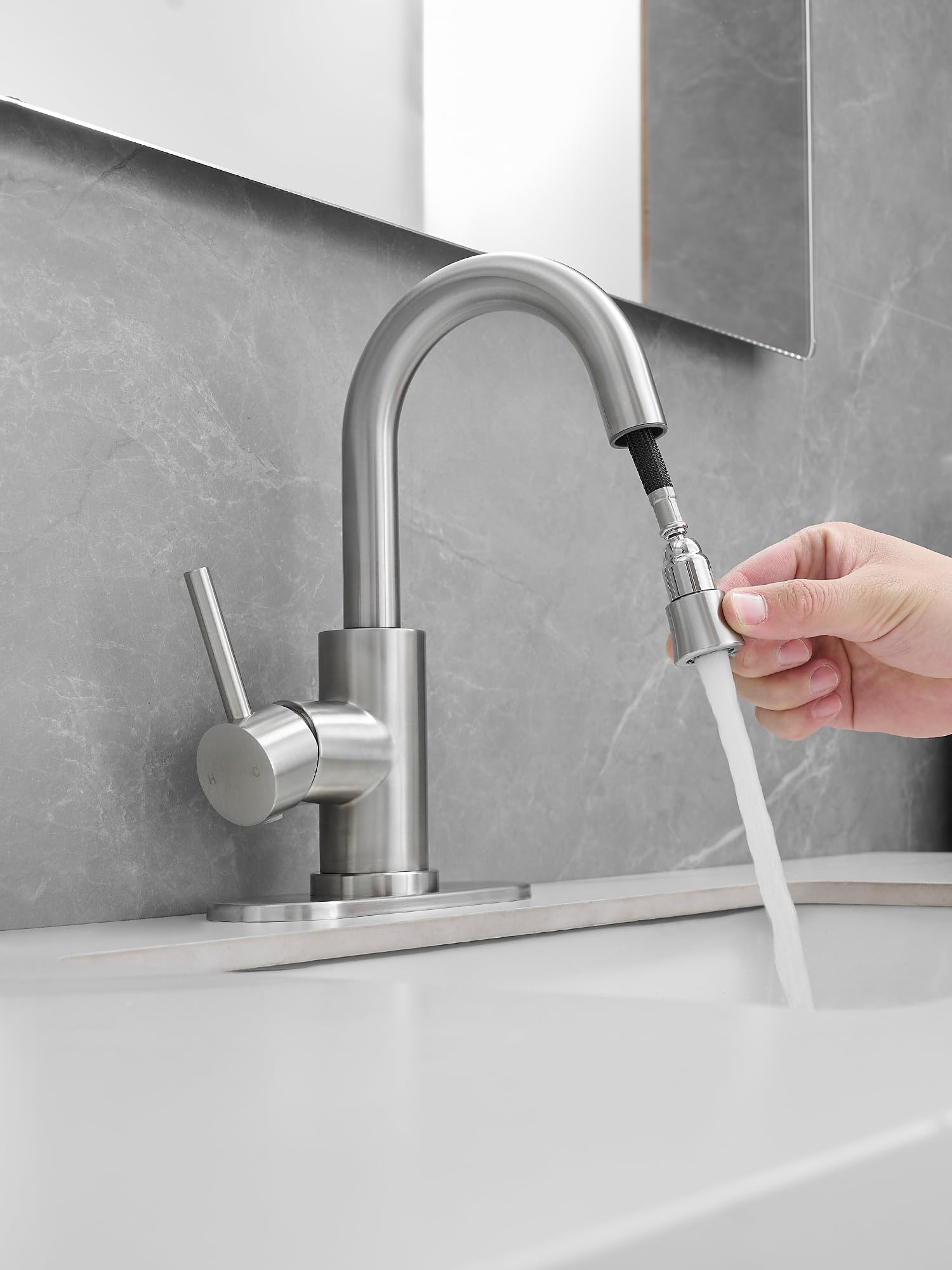 Brushed Bathroom Sink Faucet with Pull Out Sprayer for 1 Hole,Bar Sink with Pop-Up Drain,Single Handle Small Kitchen Faucet with 4 in Deck Plate,360°Swivel Faucet for Farmhouse Vanity