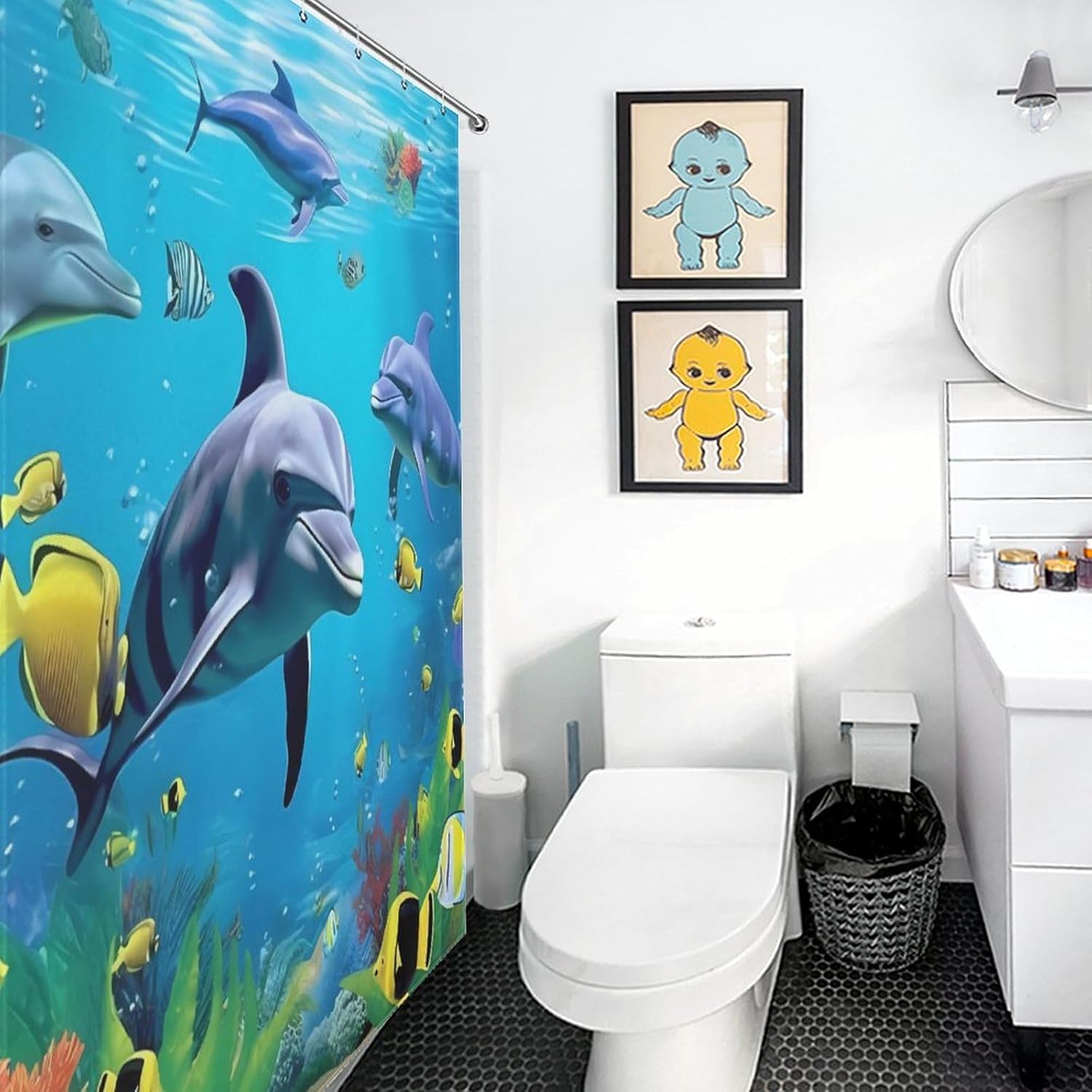 Dolphin Shark and Fish Under Blue Sea Funny Shower Curtains Washable Bath Curtain Liner with Hooks for Bathroom Bath Tubs