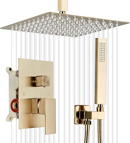 Juego de grifo de ducha con sistema de ducha de lluvia de 10 pulgadas y rociador de mano, accesorios de ducha de baño dorado cepillado con válvula