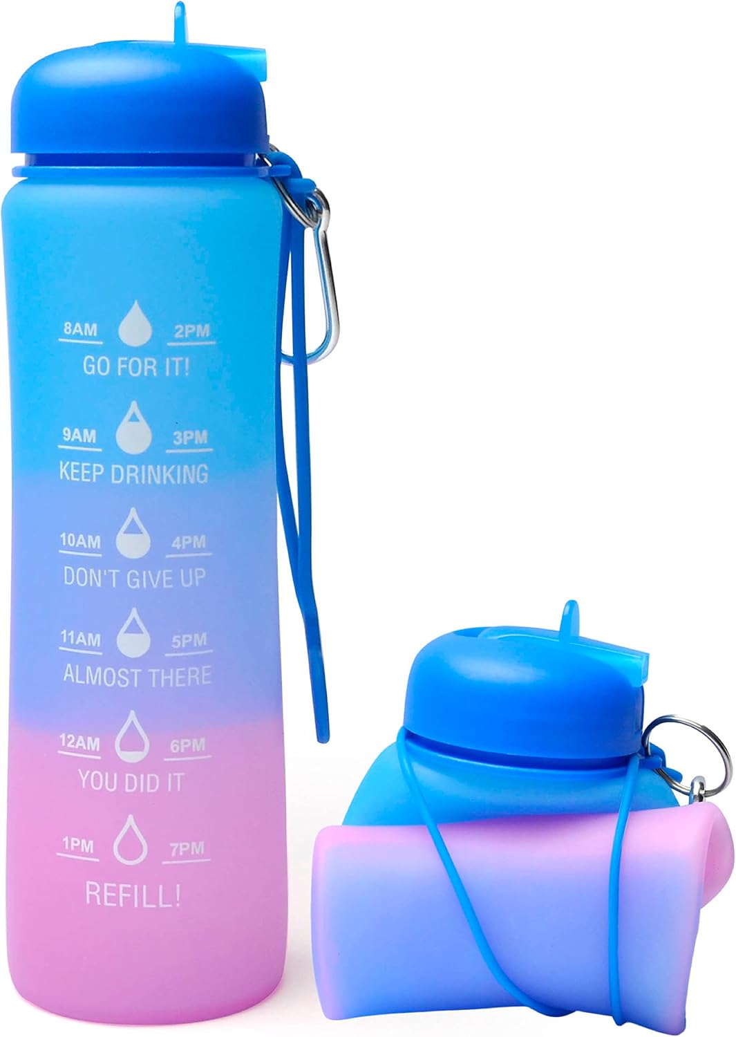 Motivational Water Bottle with Time Markings, 0.6 Litre Foldable Collapsible Gym and Sports Silicone Water Bottle