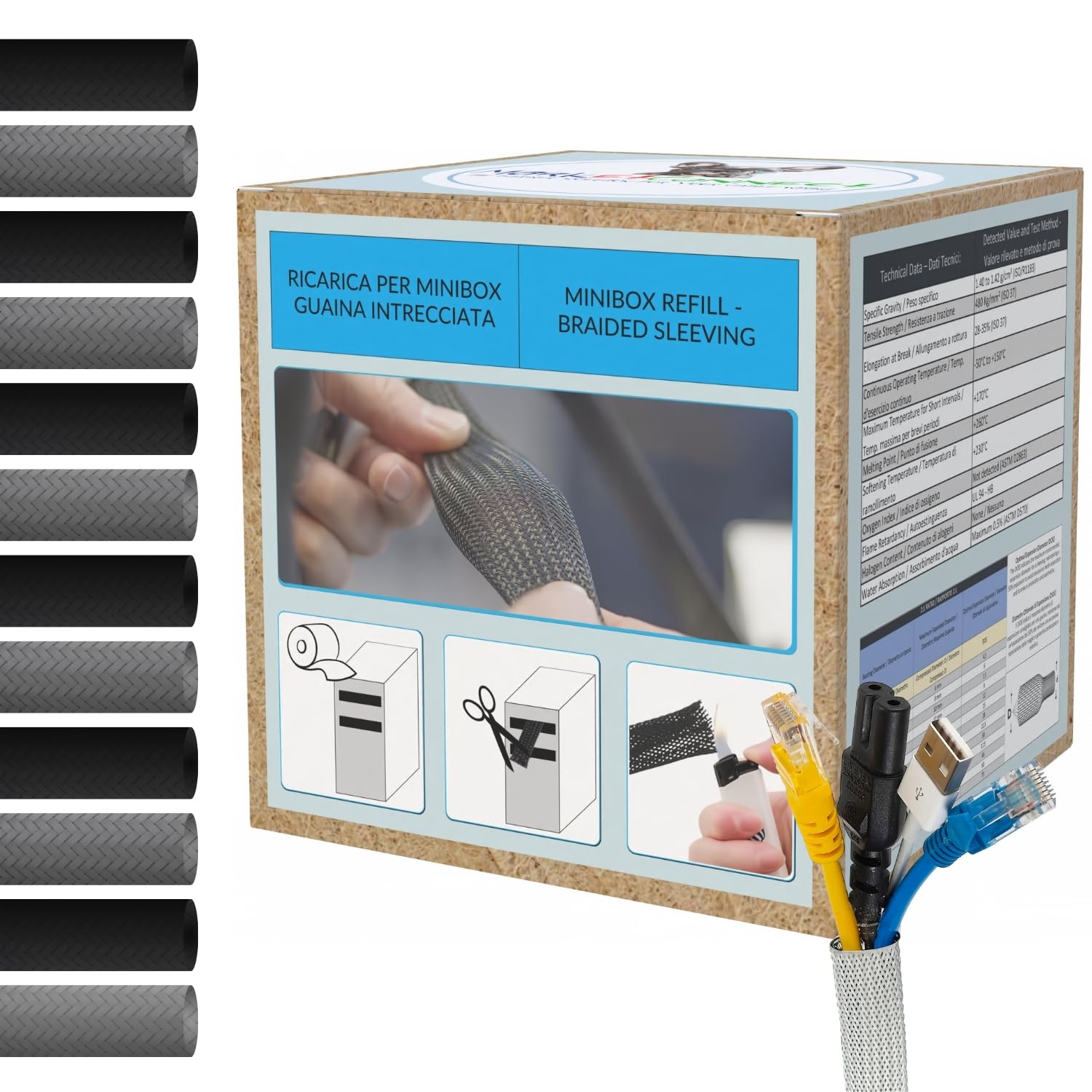 Funda Cables Expandible Ø 4mm, L 10m x4 (40m en Total) • Organiza y Oculta Cables • Ideal para Escritorio y TV • Gris • Kit Recarga 4 Piezas Minibox
