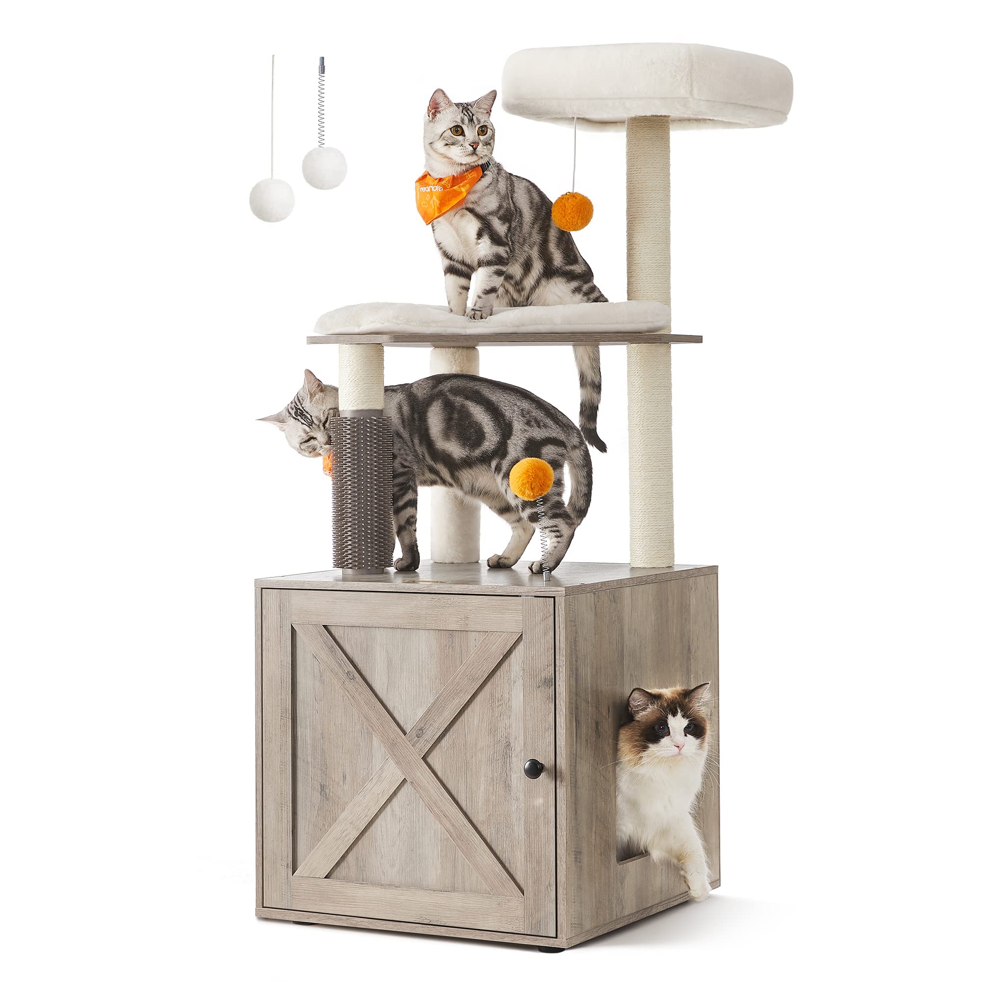 Feandrea WoodyWonders Cat Tree with Litter Box Enclosure, 2in1 Modern Cat Tower for Indoor