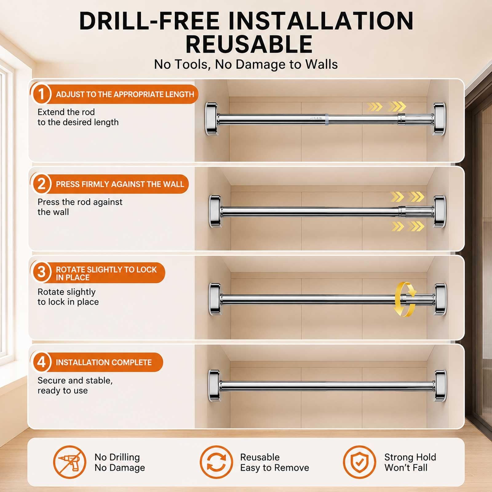 Tringle de Douche Extensible de 35 à 200 Cm, Barre Rideau Sans Perçage pour la Maison, la Salle de Bain et le Dressing, en Acier Inoxydable(Gray,50-80cm/20-31.5in)
